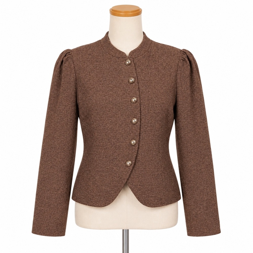 RIHOAS Blazer Women M Brown Dark Academia Puff Sleeve Gold Button Cropped Jacket